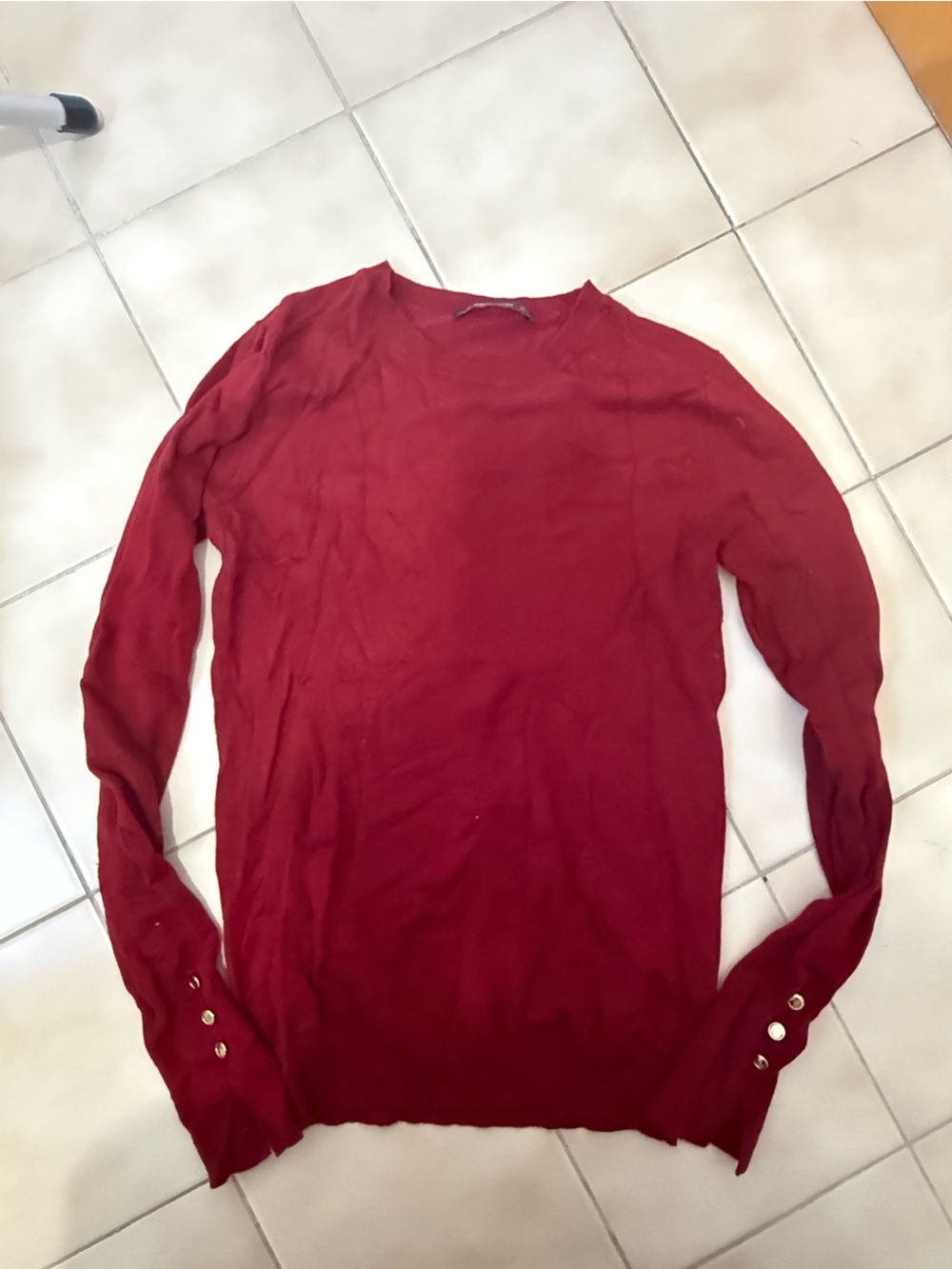 Zara Button-Cuff Crewneck Sweater in Burgundy